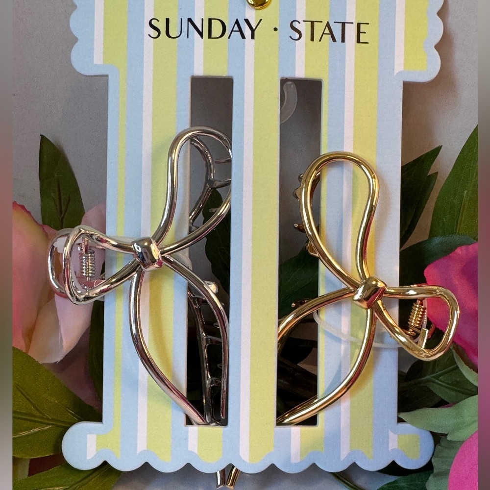 Sunday State Silver and Gold Bow Hair Clips 4”